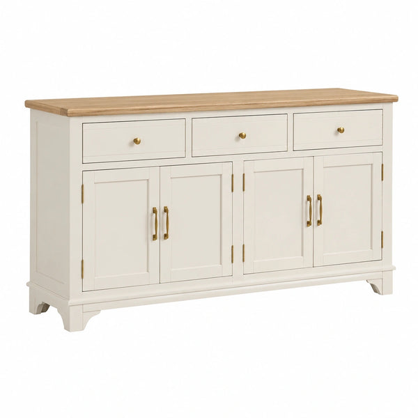 Buffet 150 x 45 x 90 cm en bois blanc et naturel à 3 tiroirs et 4 portes style classique