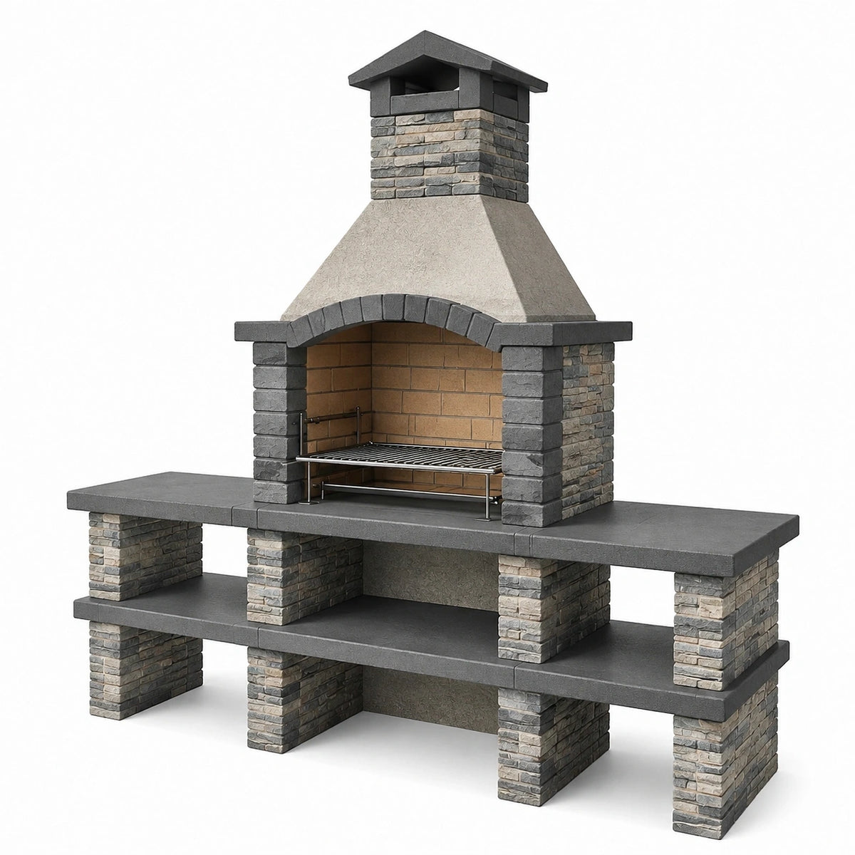 Barbecue de jardin 220 x 70 x 250 cm en pierre grise avec cheminée et gril réglable