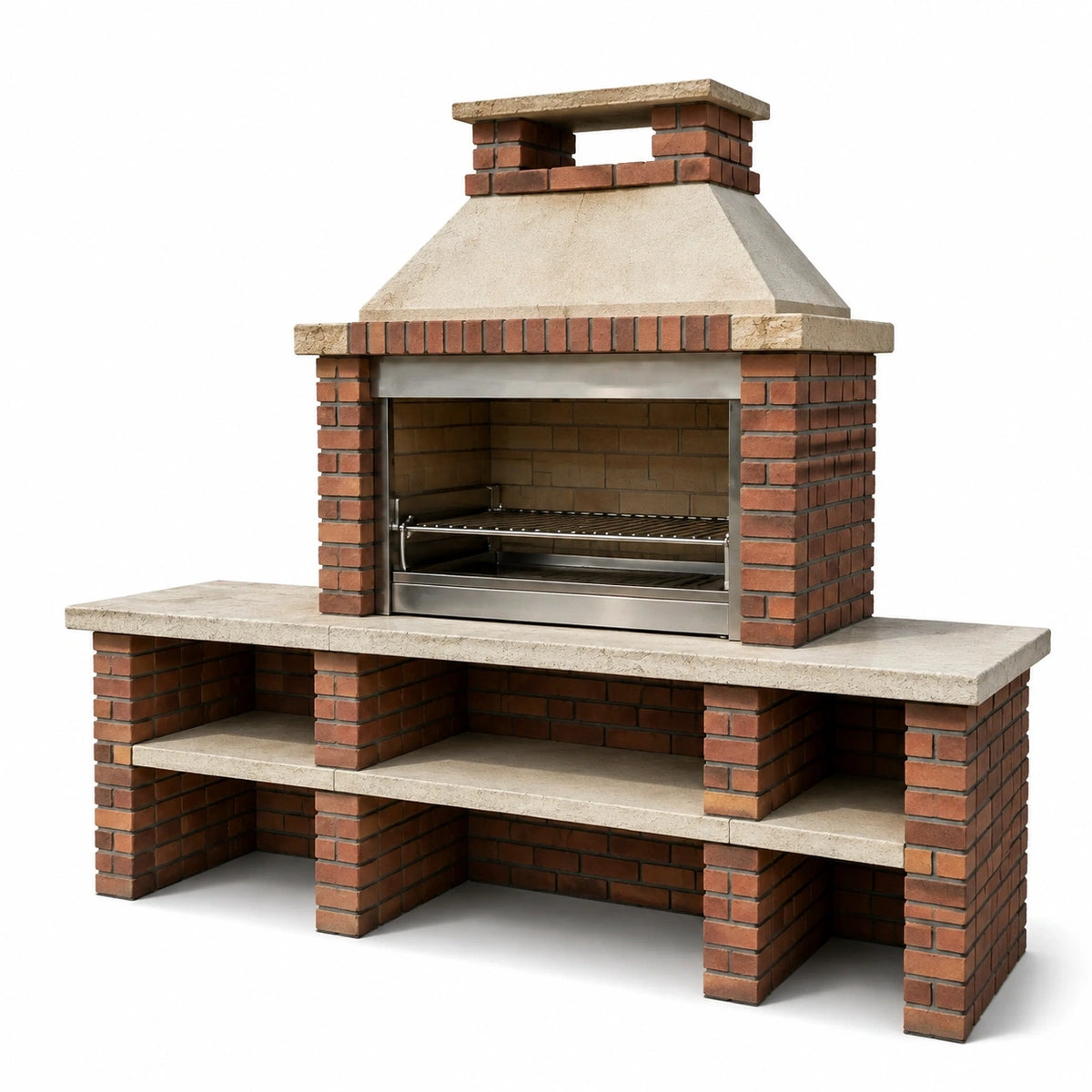 Barbecue de jardin 200 x 70 x 220 cm en brique brun et béton beige avec grille en acier inoxydable - style traditionnel