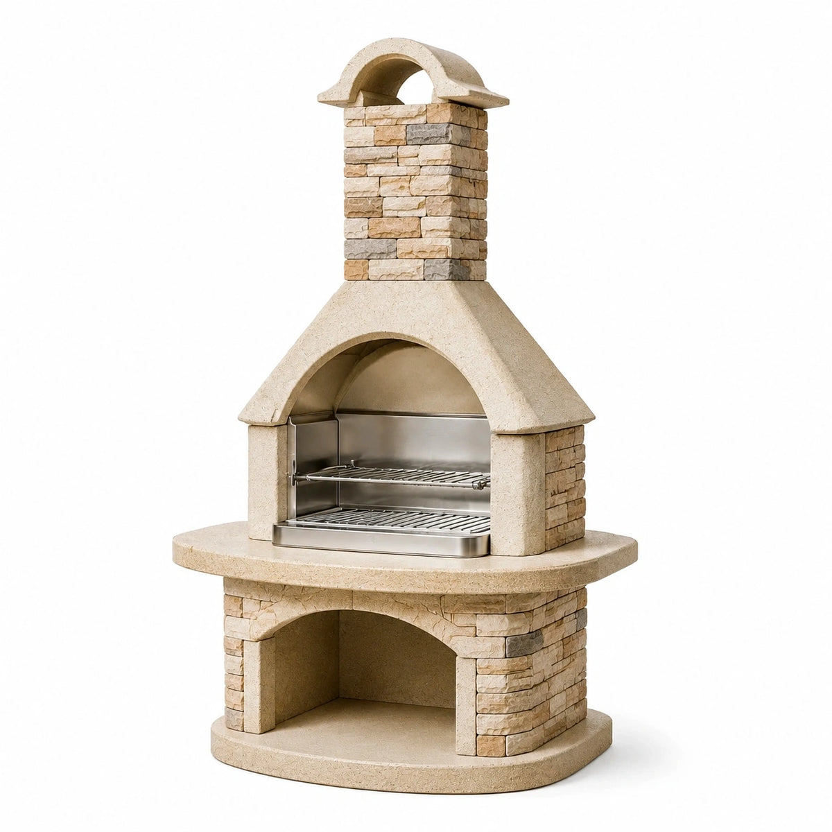 Barbecue extérieur en pierre 100 x 100 x 220 cm beige avec grilles en acier inoxydable style cheminée