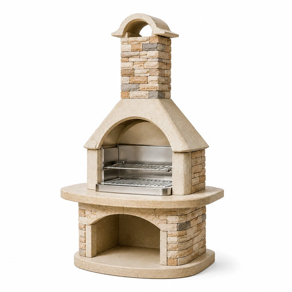 Barbecue extérieur en pierre 100 x 100 x 220 cm beige avec grilles en acier inoxydable style cheminée