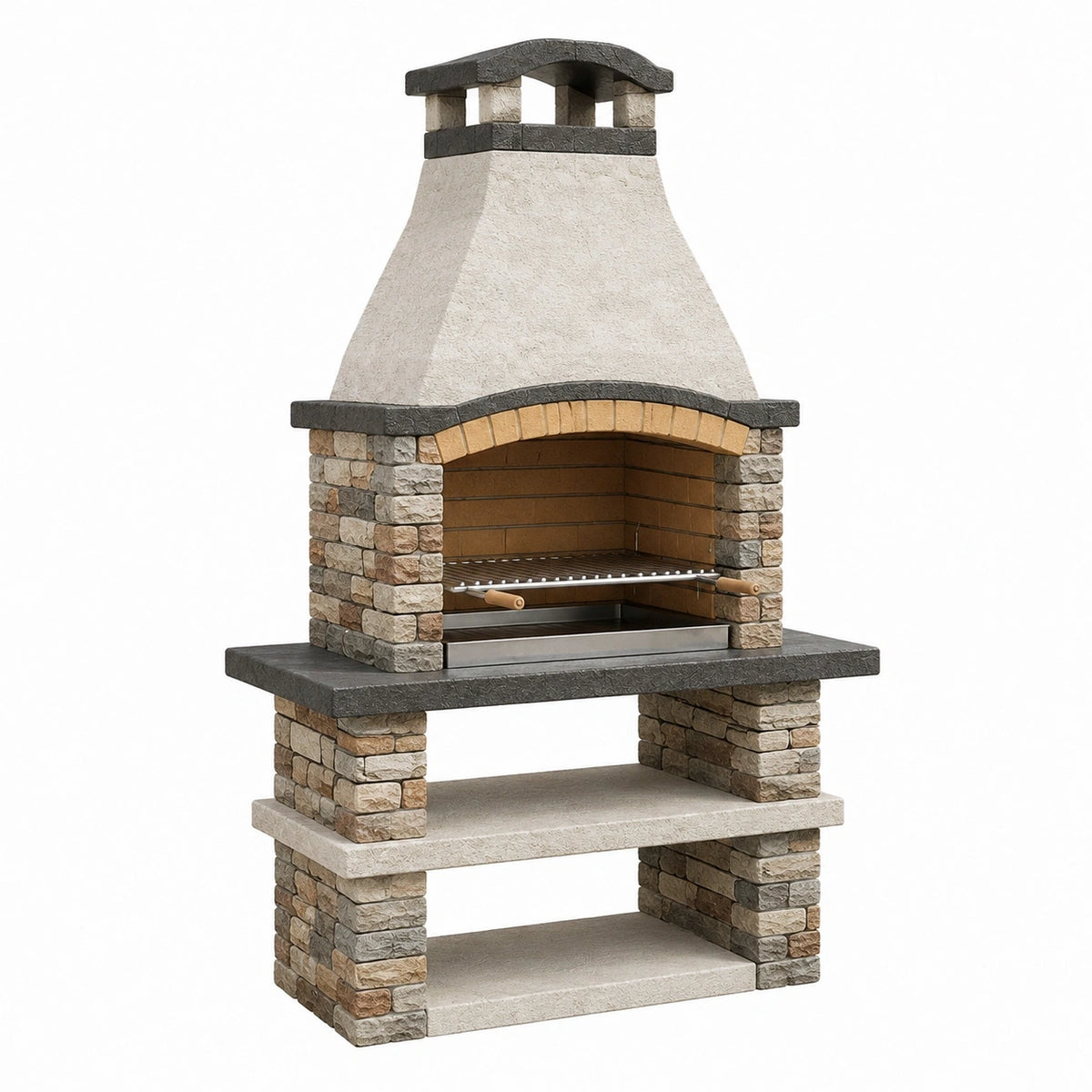Barbecue fixe 120 x 70 x 220 cm en pierre beige et gris avec grille style rustique