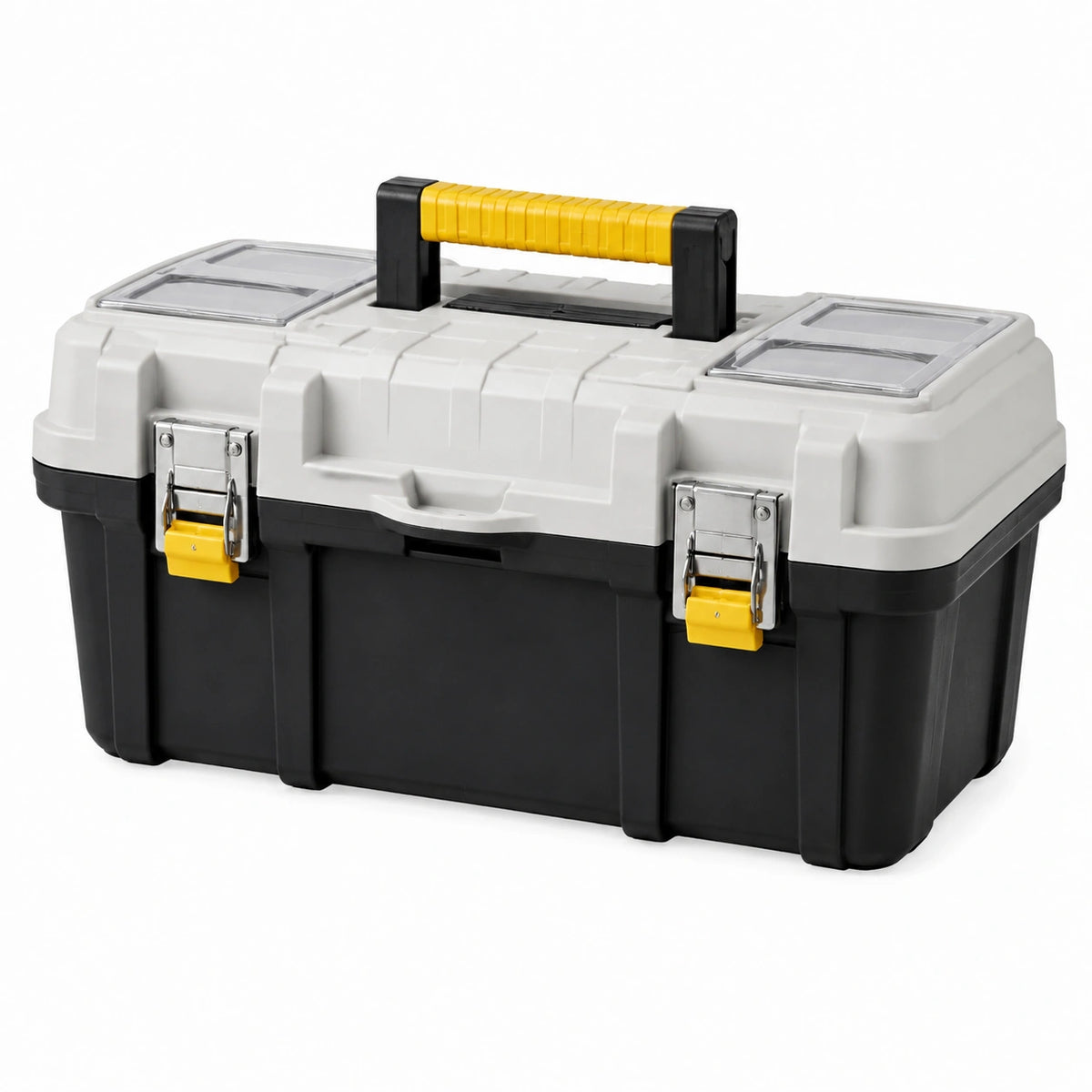 Coffre à outils 50 x 25 x 25 cm en plastique noir gris et jaune avec poignée et compartiments