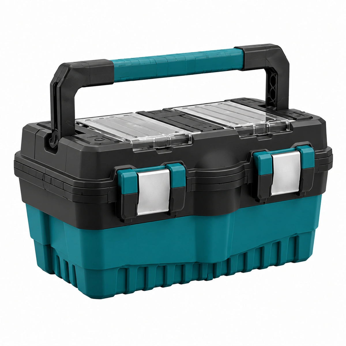 Boîte à outils 55 cm en plastique noir turquoise avec poignée et compartiments de rangement