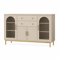 Buffet 160 x 40 x 90 cm en panneaux aspect chêne beige avec verre strié et rangement