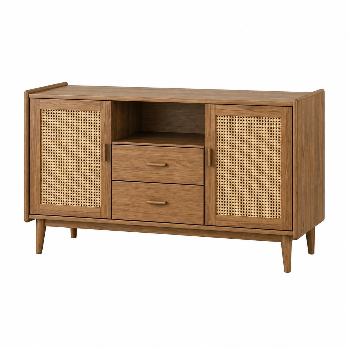 Buffet 150 x 45 x 90 cm en bois brun naturel et cannage rangement style rétro