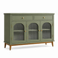 Buffet de rangement 160 x 40 x 90 cm en bois vert avec portes en verre strié style rétro