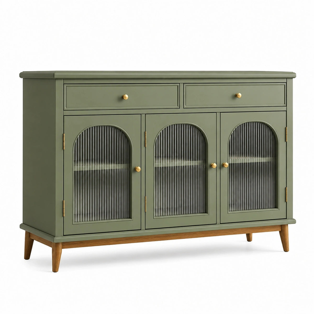 Buffet de rangement 160 x 40 x 90 cm en bois vert avec portes en verre strié style rétro