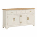 Buffet 150 x 45 x 90 cm en bois blanc et naturel à 3 tiroirs et 4 portes style classique