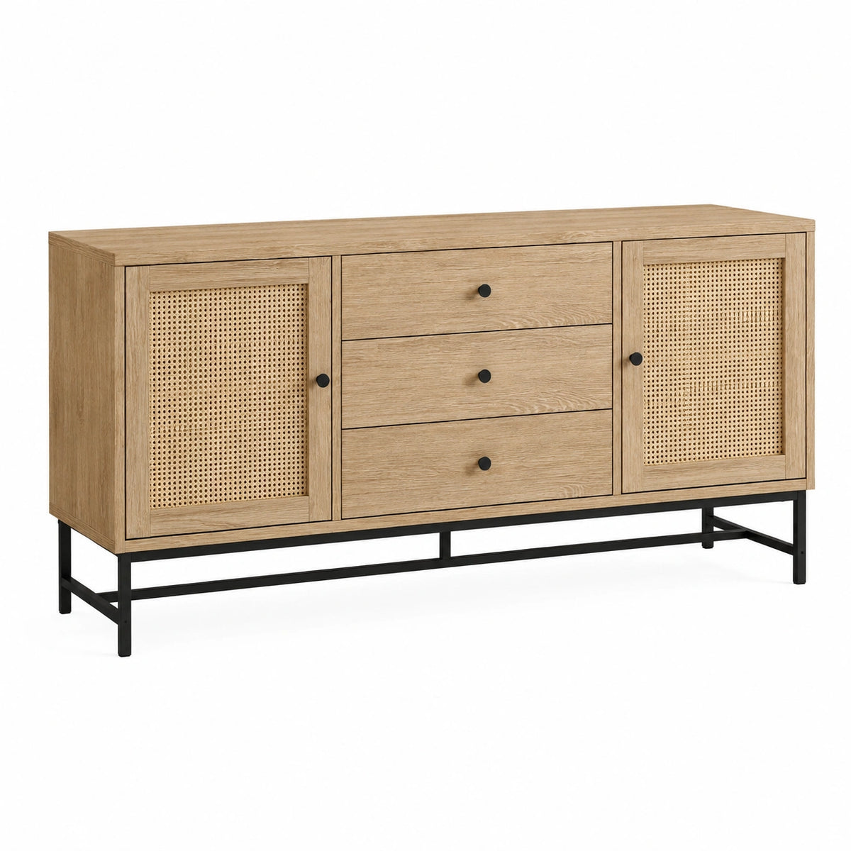 Buffet 160 x 40 x 85 cm effet chêne naturel et cannage avec 3 tiroirs style bohème