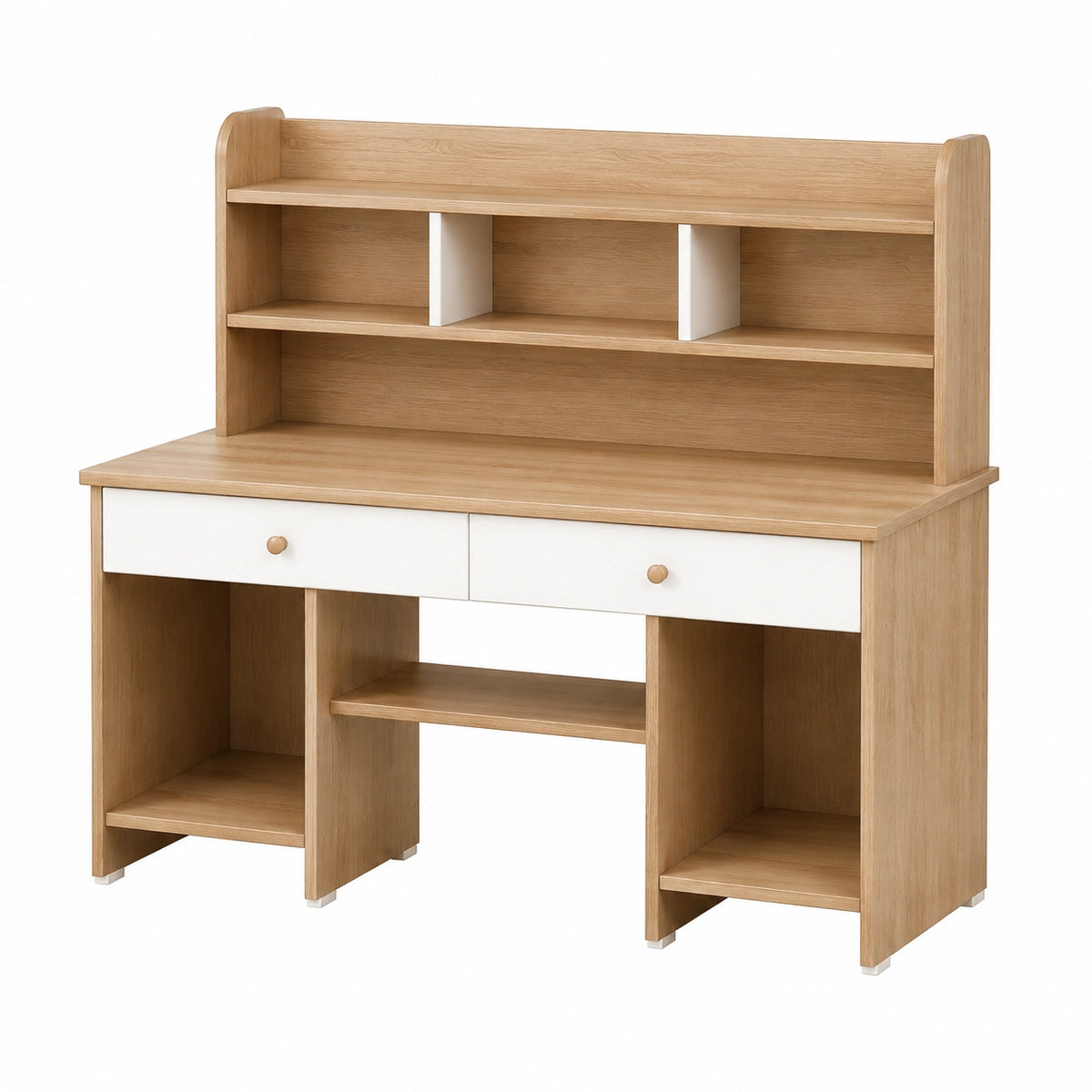 Bureau 120 cm en panneaux décor chêne et blanc avec rangements style scandinave