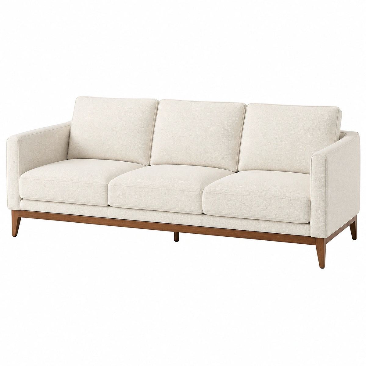 Canapé 3 places 220 cm en tissu écru avec piètement en bois style contemporain