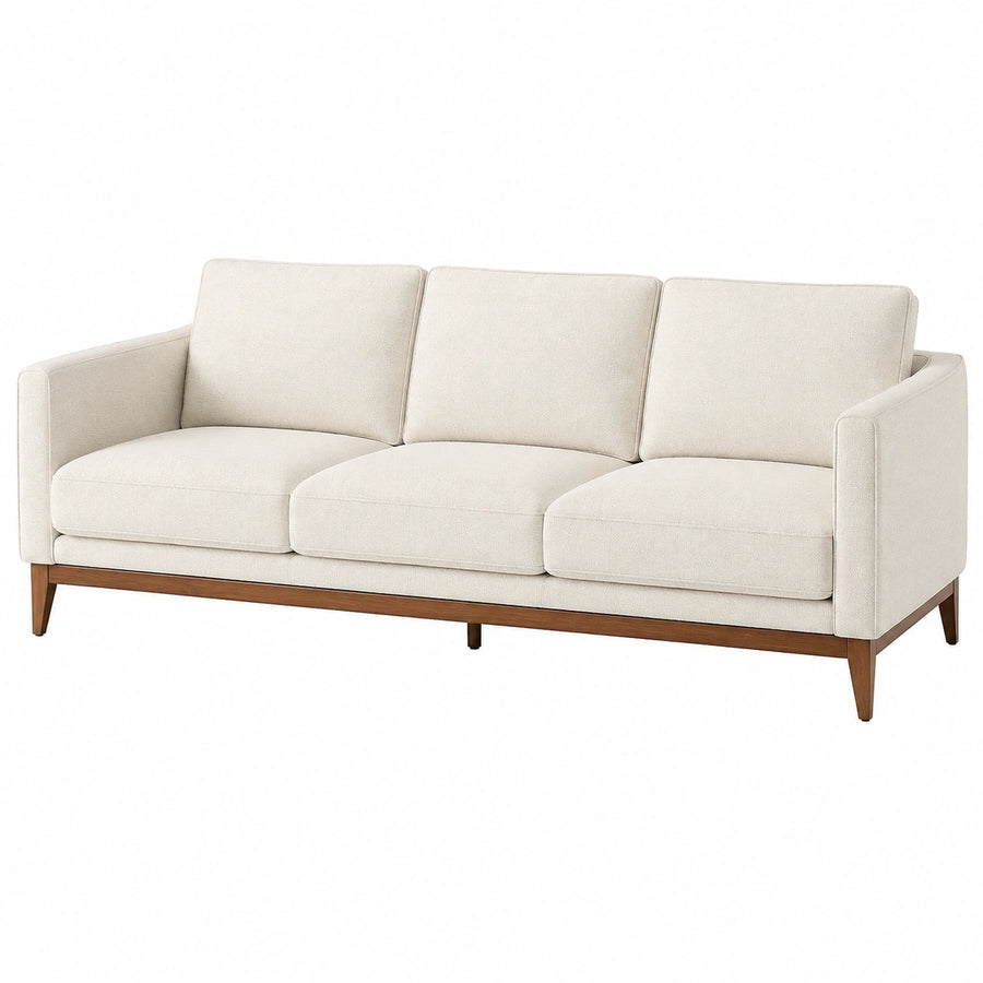 Canapé 3 places 220 cm en tissu écru avec piètement en bois style contemporain